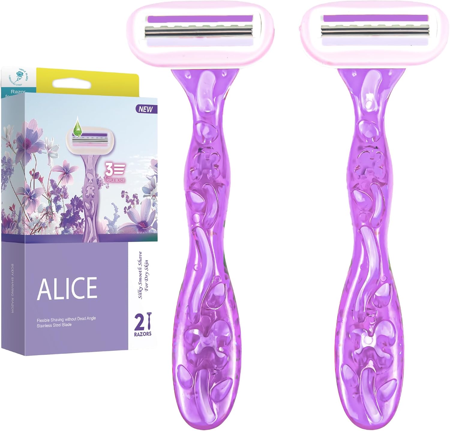 Razor for Women – Set of 2 Body Shavers – Triple Stainless Blades, Flexible Head – Purple – For Dry Skin