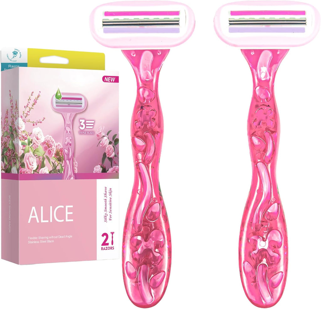 Razor for Women – Set of 2 Body Shavers – Triple Stainless Blades, Flexible Head – Light Pink – For Sensitive Skin