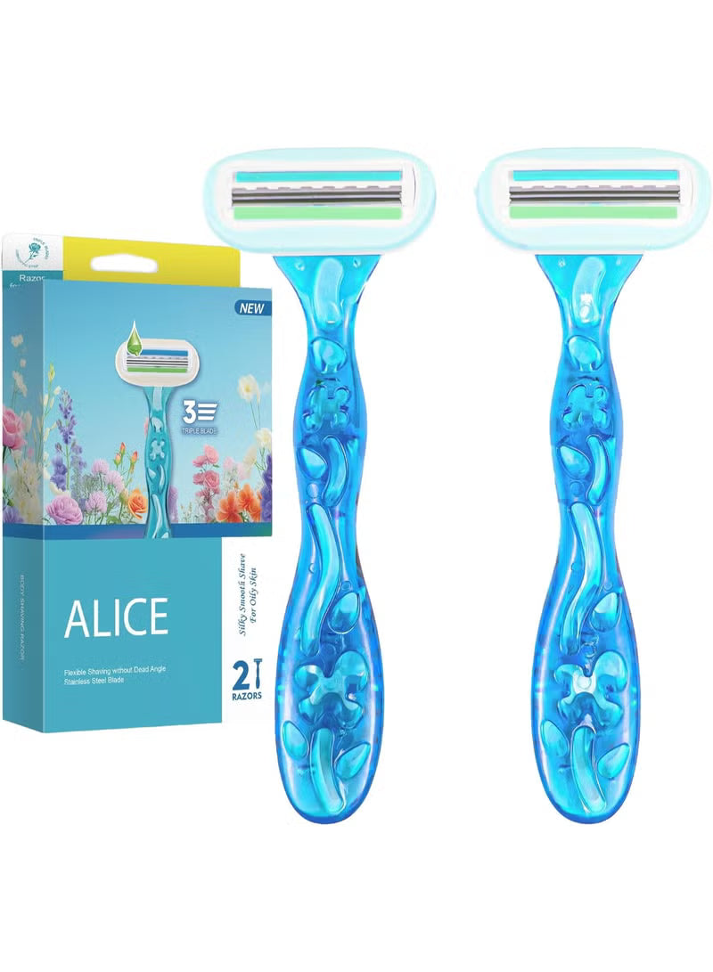 Razor for Women – Set of 2 Body Shavers – Triple Stainless Blades, Flexible Head – Baby Blue – For Oily Skin